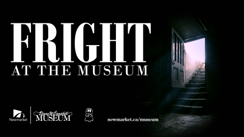 Spooky dark basement with ominous staircase leading upwards, with event text reading Fright at the Museum