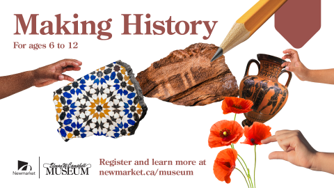 Kids hands reaching out to grab colourful mosaic tile slab, cave drawing on rocks, greek vase and poppy flowers