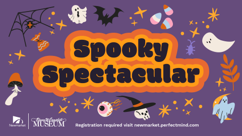 Halloween themed illustrations surrounding bright colourful text reading Spooky Spectacular