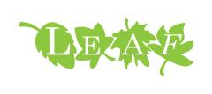 "LEAF" logo with green leaves forming each letter.