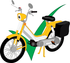 Yellow moped with a green check mark behind it.