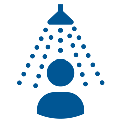 Blue icon of a person under a showerhead with water droplets.