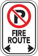 No parking, fire route sign, arrows point left and right.