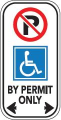No parking, wheelchair accessible, by permit only sign.
