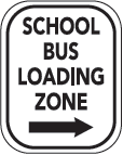 School bus loading zone sign with right arrow.