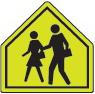Yellow school crossing sign with two figures walking.