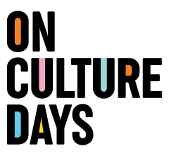 Colorful vertical bars and triangles on a black background.
