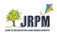 tree illustration and a colourful kite around the text reading JRPM June Is Recreation and Parks Month