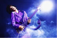 man playing purple guitar