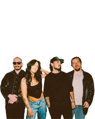 4 Band members of Duvét standing on a white background