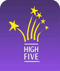 High Five logo with stars and purple background