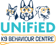 3 dogs with orange glasses with text reading Unified K9 Behaviour Centre