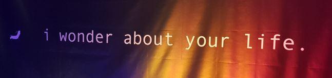 Text reading "I wonder about your life" on a colourful background.