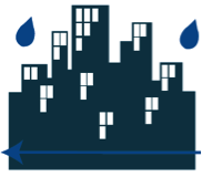 City skyline graphic with raindrops and an arrow below.