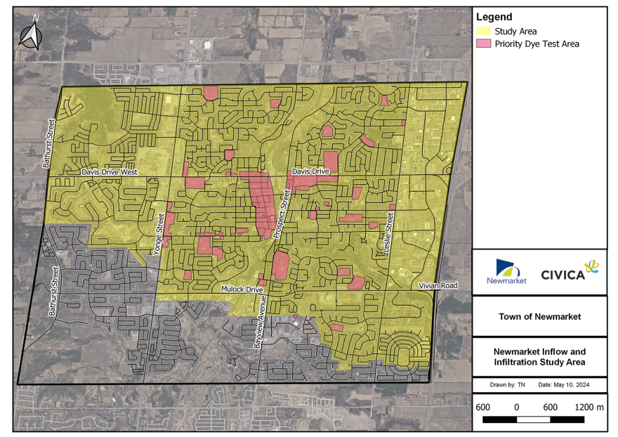 Map highlighting study areas in yellow and red over a town layout.
