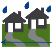 Two dark houses in rain, blue sideways arrow, green background.