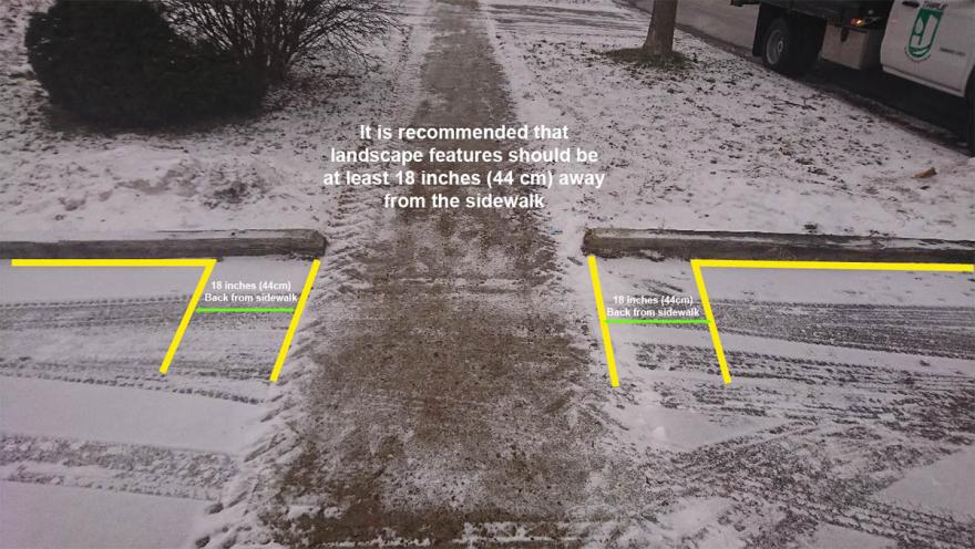 Snowy path with cleared walkway between two snow-covered grassy areas, yellow barriers marked.
