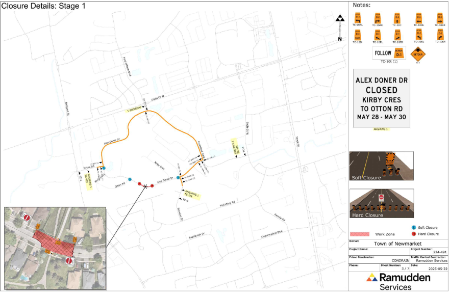 Road closure map with detour route highlighted in orange.