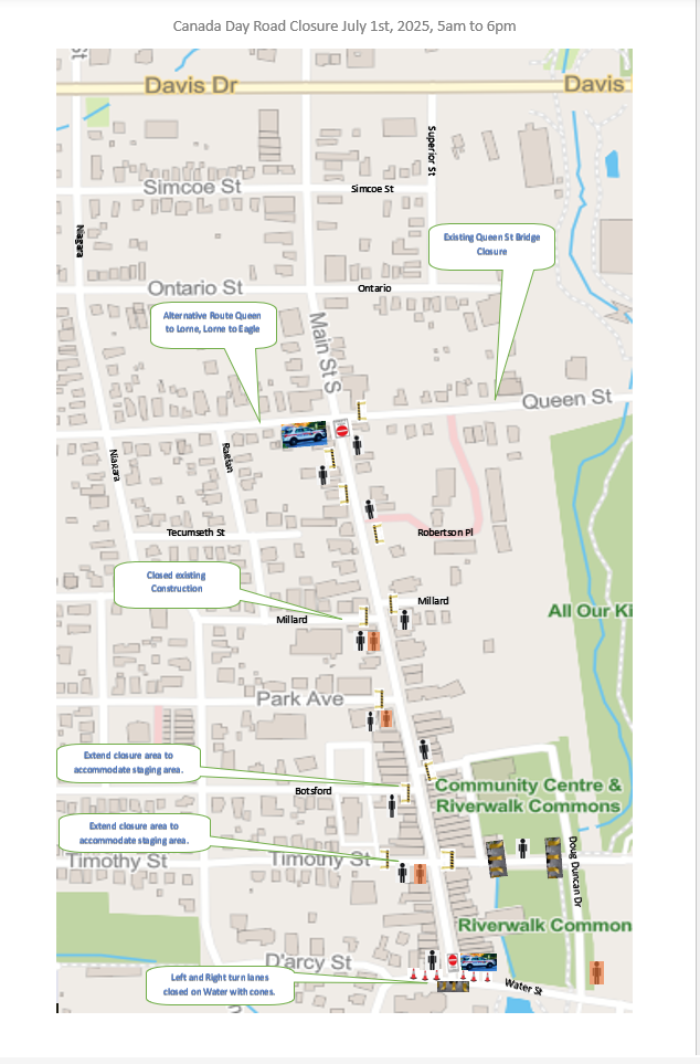 Map highlighting road closure with markers and street names in a city area.