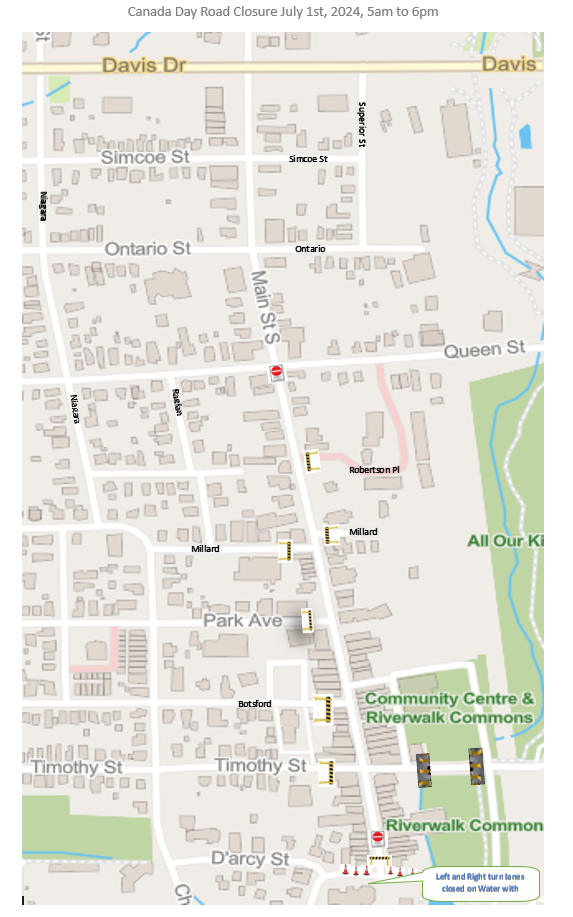 City street map with roads, parks, and labeled locations.