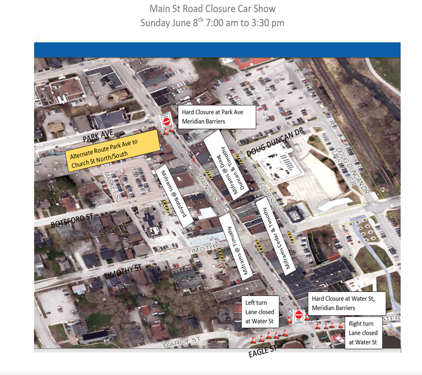 Aerial view map of a road closure for a car show event.