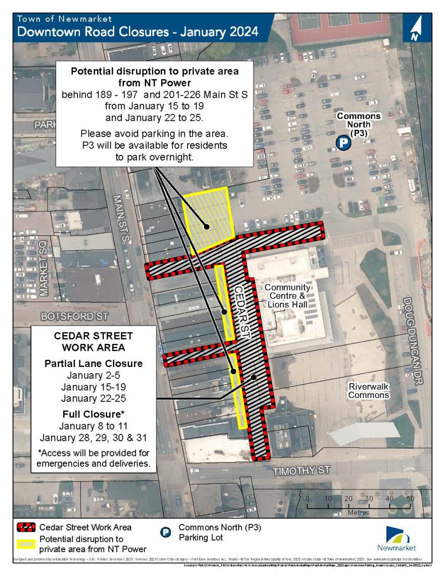 Map of downtown road closures with marked detour routes.