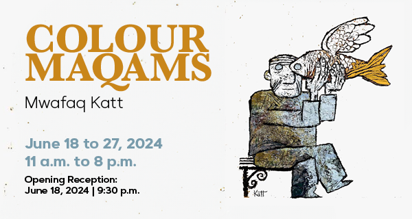 Exhibit announcement with a figure holding a fish.