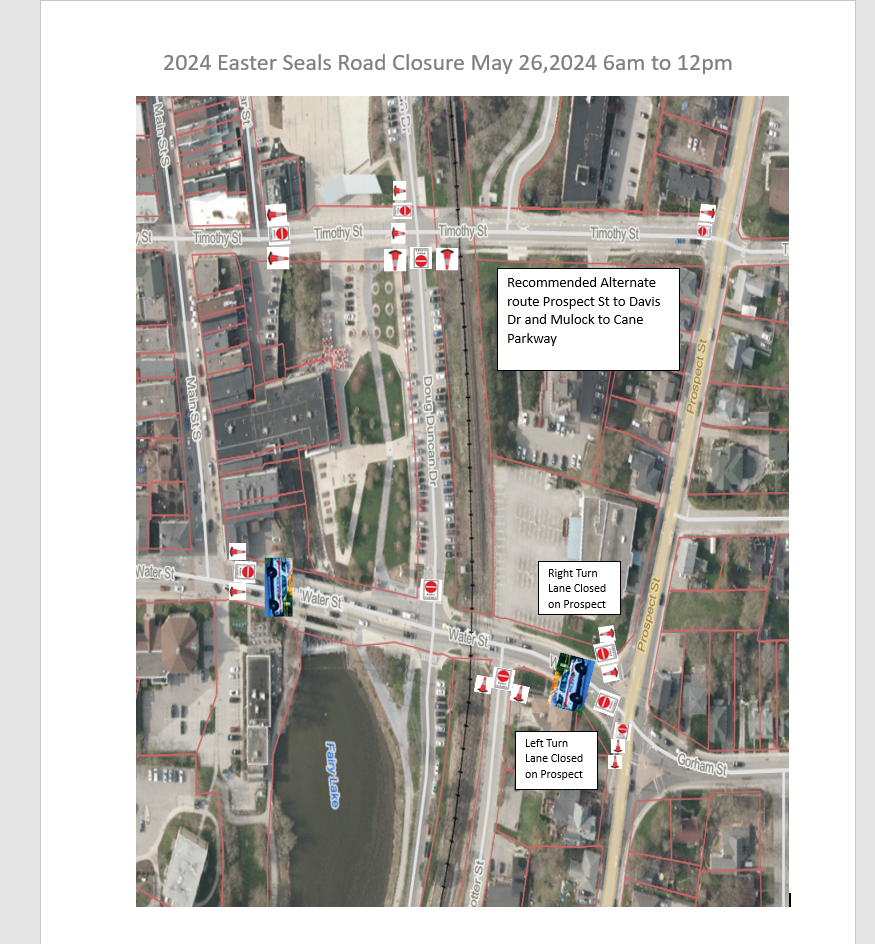 Road closure map showing detours and closures around a city intersection.