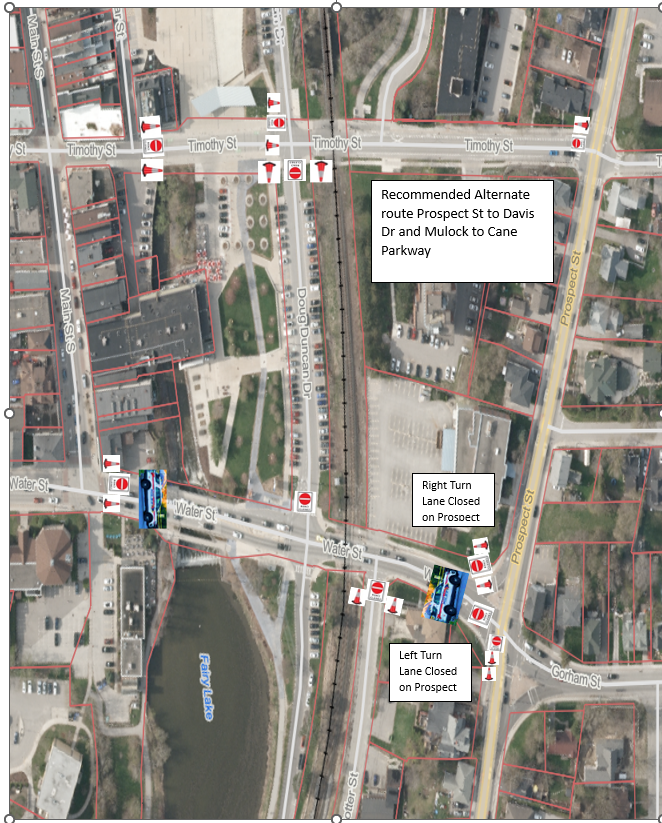 Aerial map showing street directions and turns in an urban area.