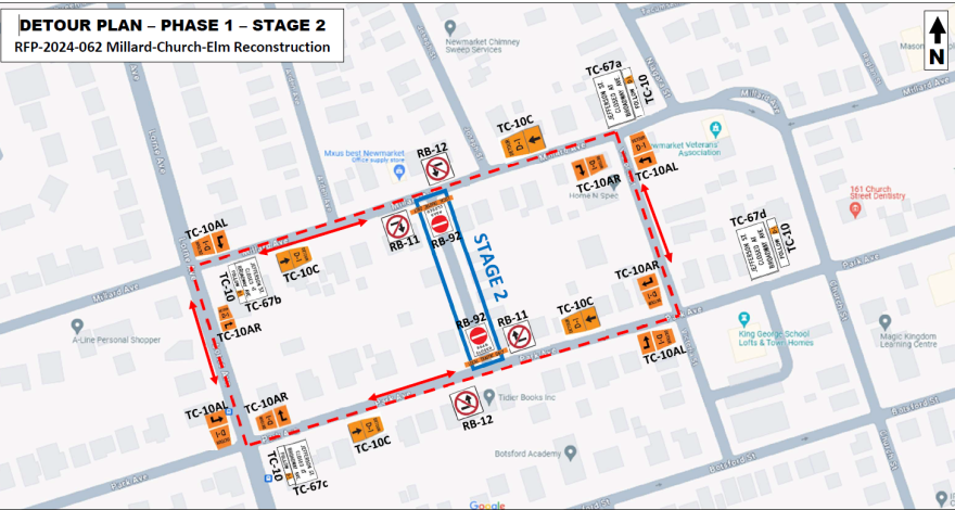 Detour map for construction with marked streets and arrows.