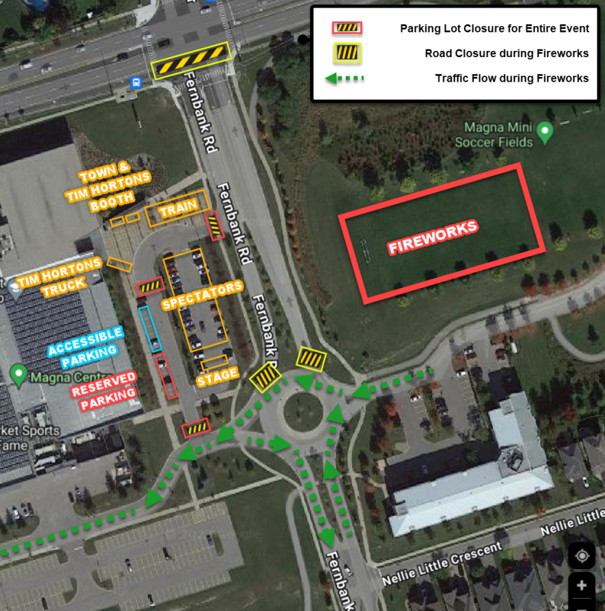 Map of parking and road closures for fireworks event.