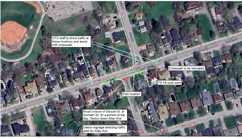 Satellite view of a suburban neighborhood with marked locations.