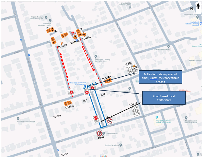 Map showing a construction detour with red and blue arrows.
