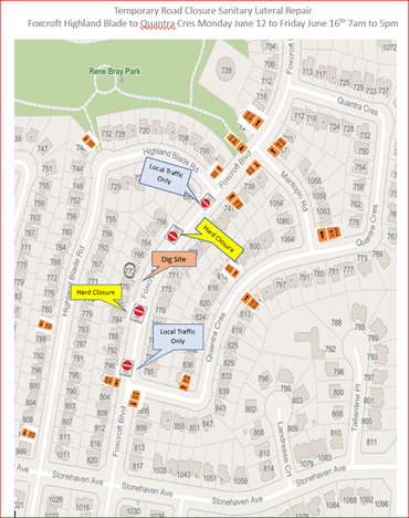 Map showing temporary road closure and detour routes in a residential area.