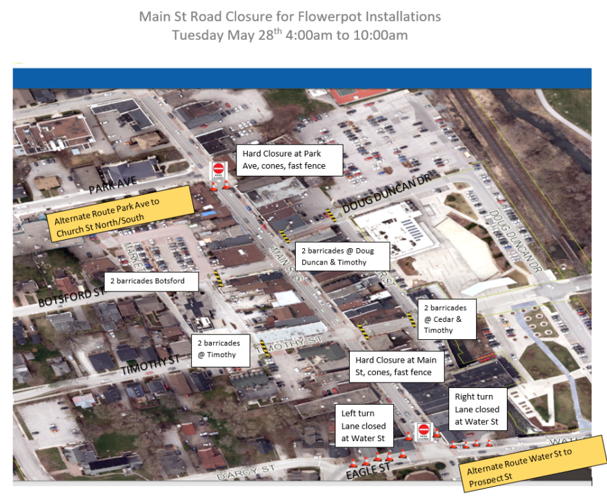 Aerial map showing road closures and detours for flowerpot installations.