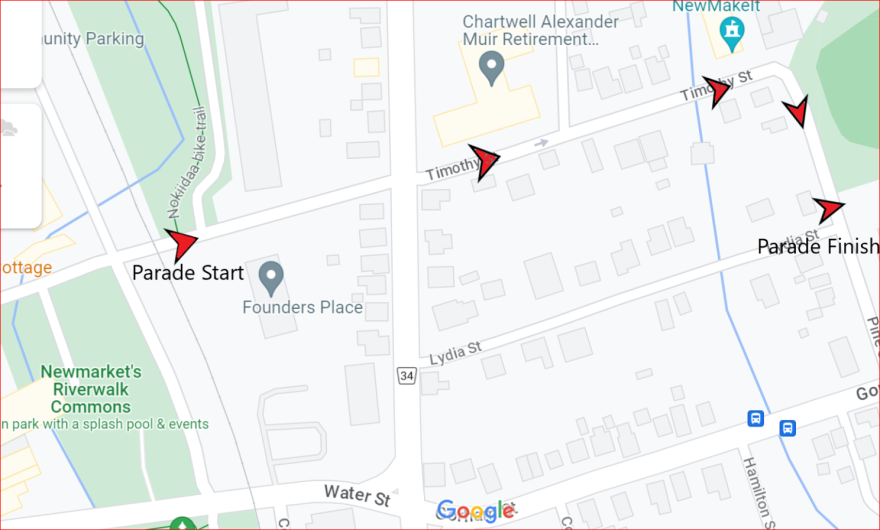Map showing a parade route with start and finish points marked.