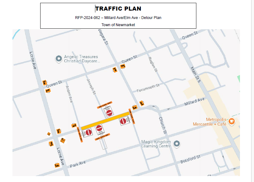 Traffic plan map with red and orange markings indicating routes and closures.