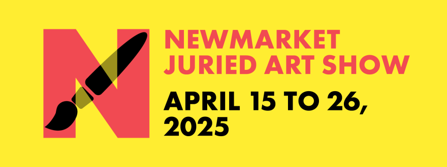 Colorful art show logo with a paintbrush on a yellow background.