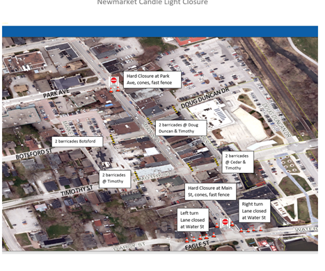 Aerial view of Newmarket showing road closures and detours.