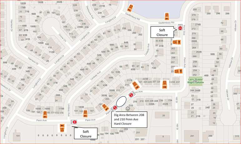 Residential area map with highlighted road closures.