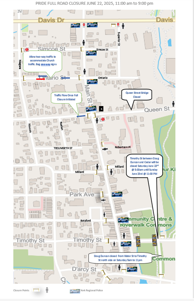Map of a town, showing streets, parks, and points of interest.