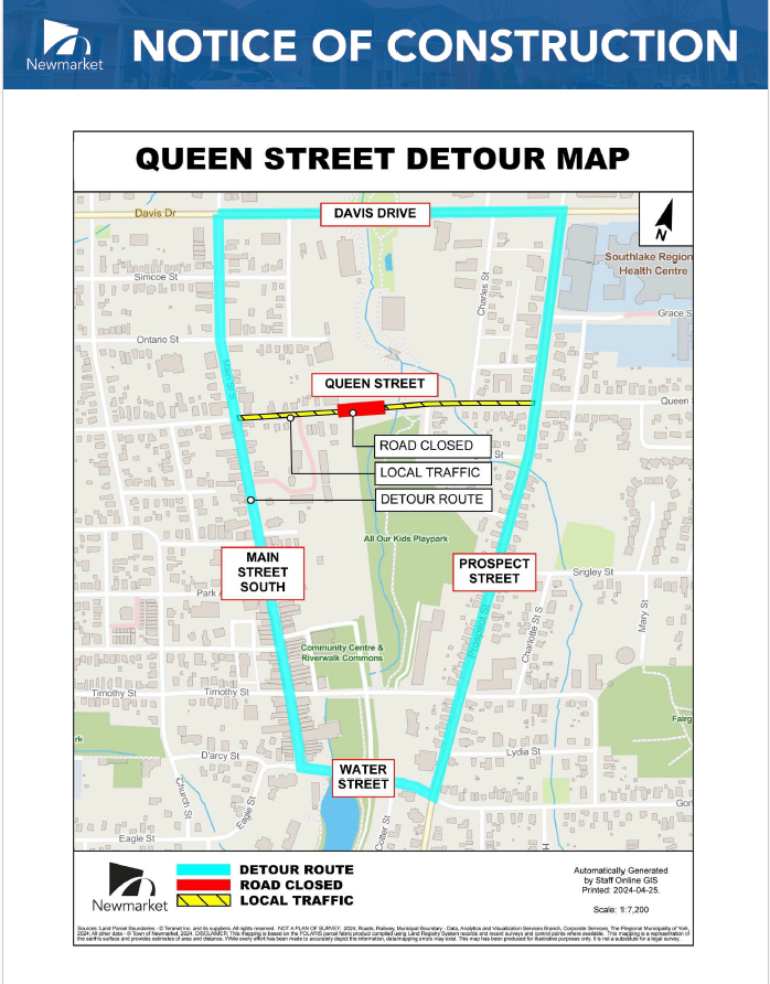 Queen Street detour map with highlighted routes and directions.