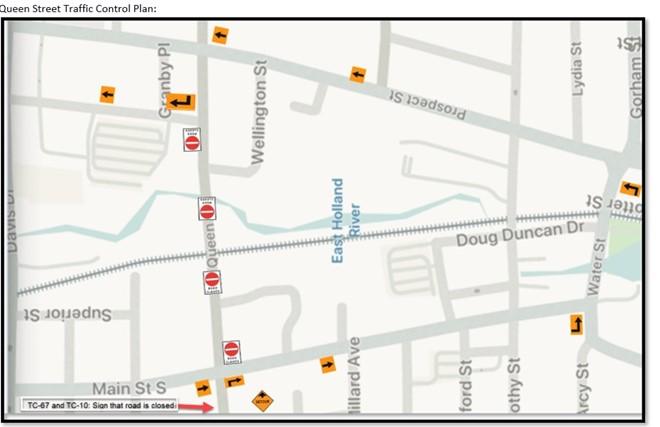 Map showing traffic signs and road closures on Queen Street.