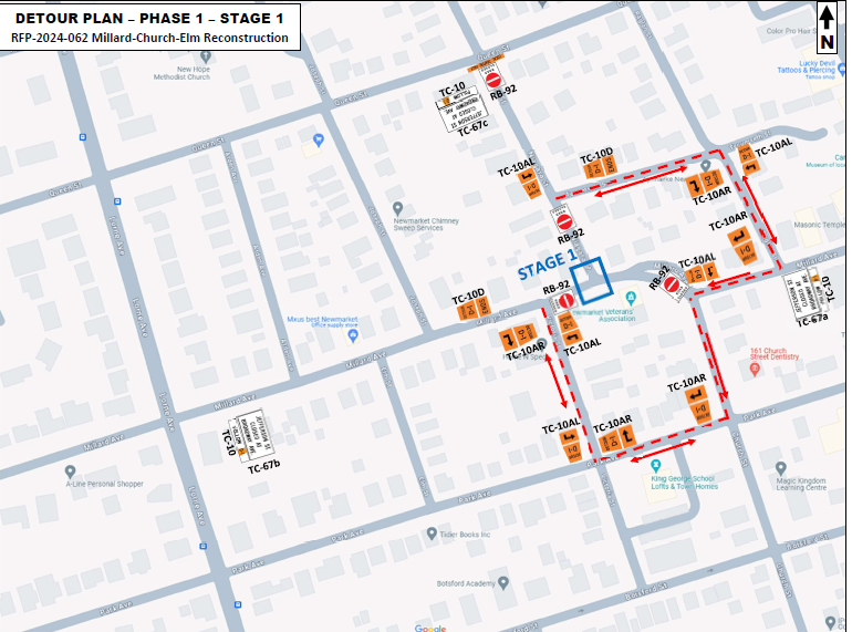 Map showing street detours with red dashed lines and blue route highlights.