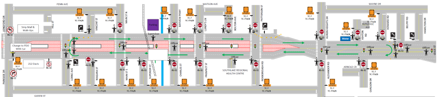 Subway map with multiple colored lines and station symbols.