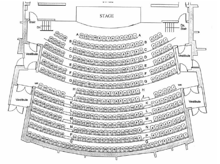 NewRoads Performing Arts Centre seating chart with labeled rows and sections.