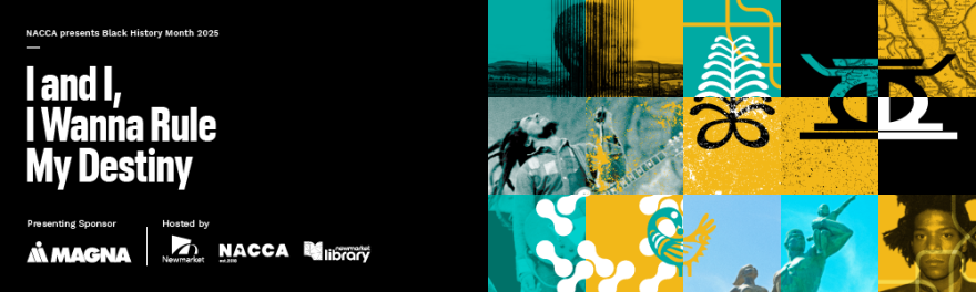 Colorful abstract graphics and patterns, black background on the left.