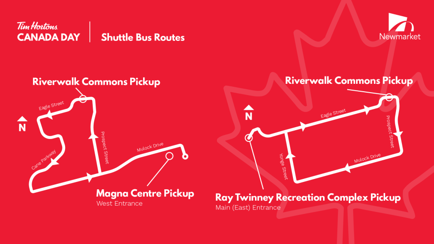 White shuttle bus route maps on a red background with a maple leaf graphic.