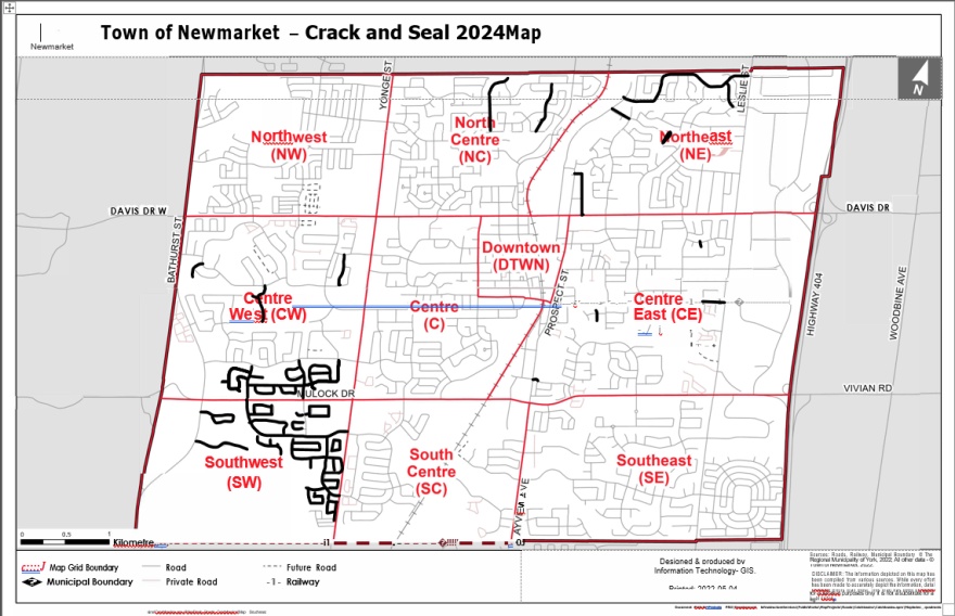 Map showing the Town of Newmarket with labeled areas in red text.