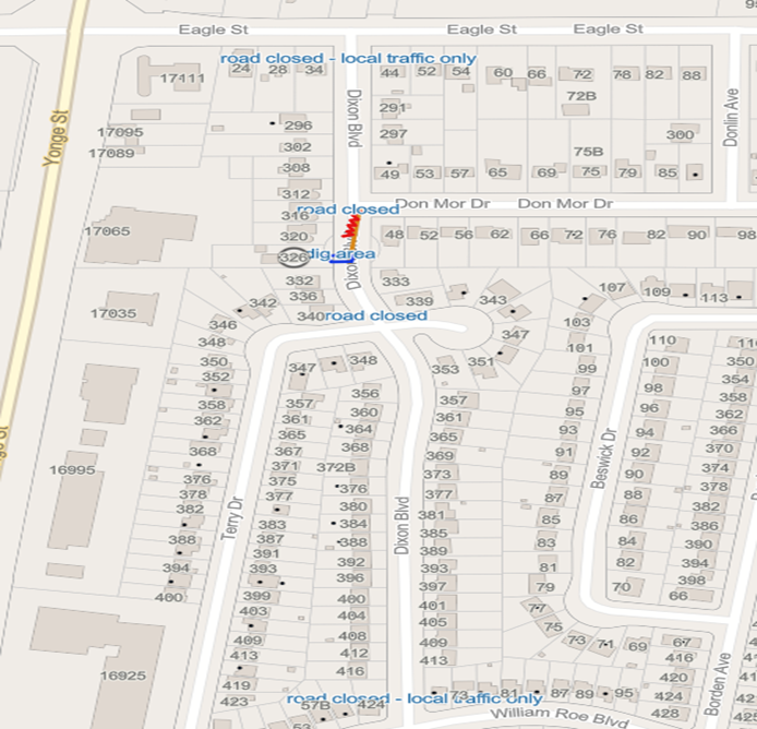 Map showing street names and house numbers in a neighborhood layout.